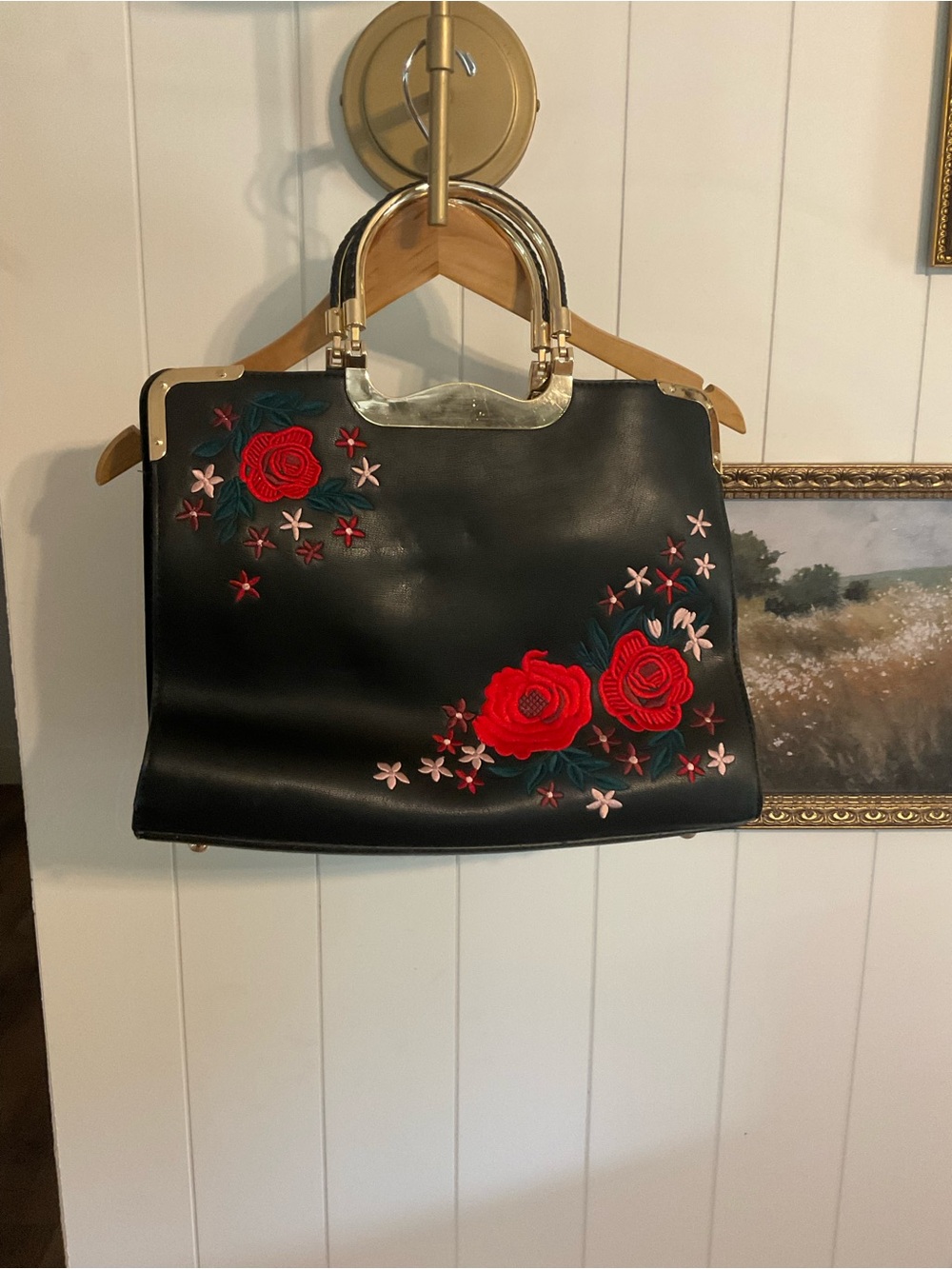 Black Leather Tote with Red Rose Embroidery